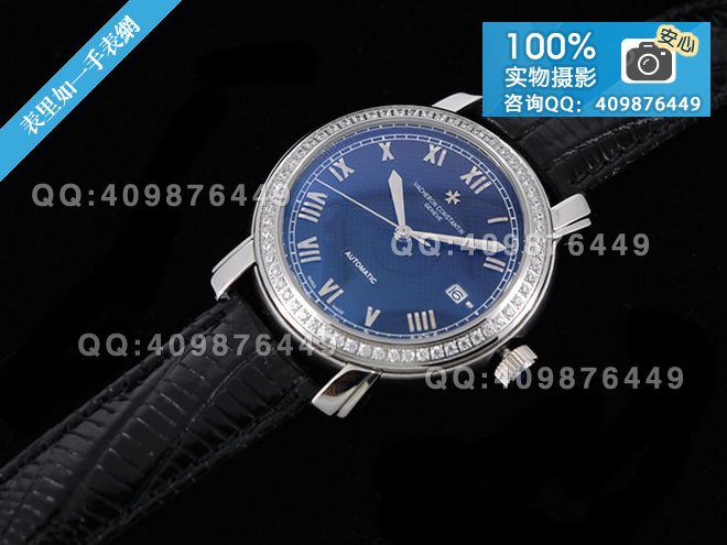 江詩丹頓Vacheron Constantin自動(dòng)機(jī)械背透鑲鉆手表 黑色真皮表帶